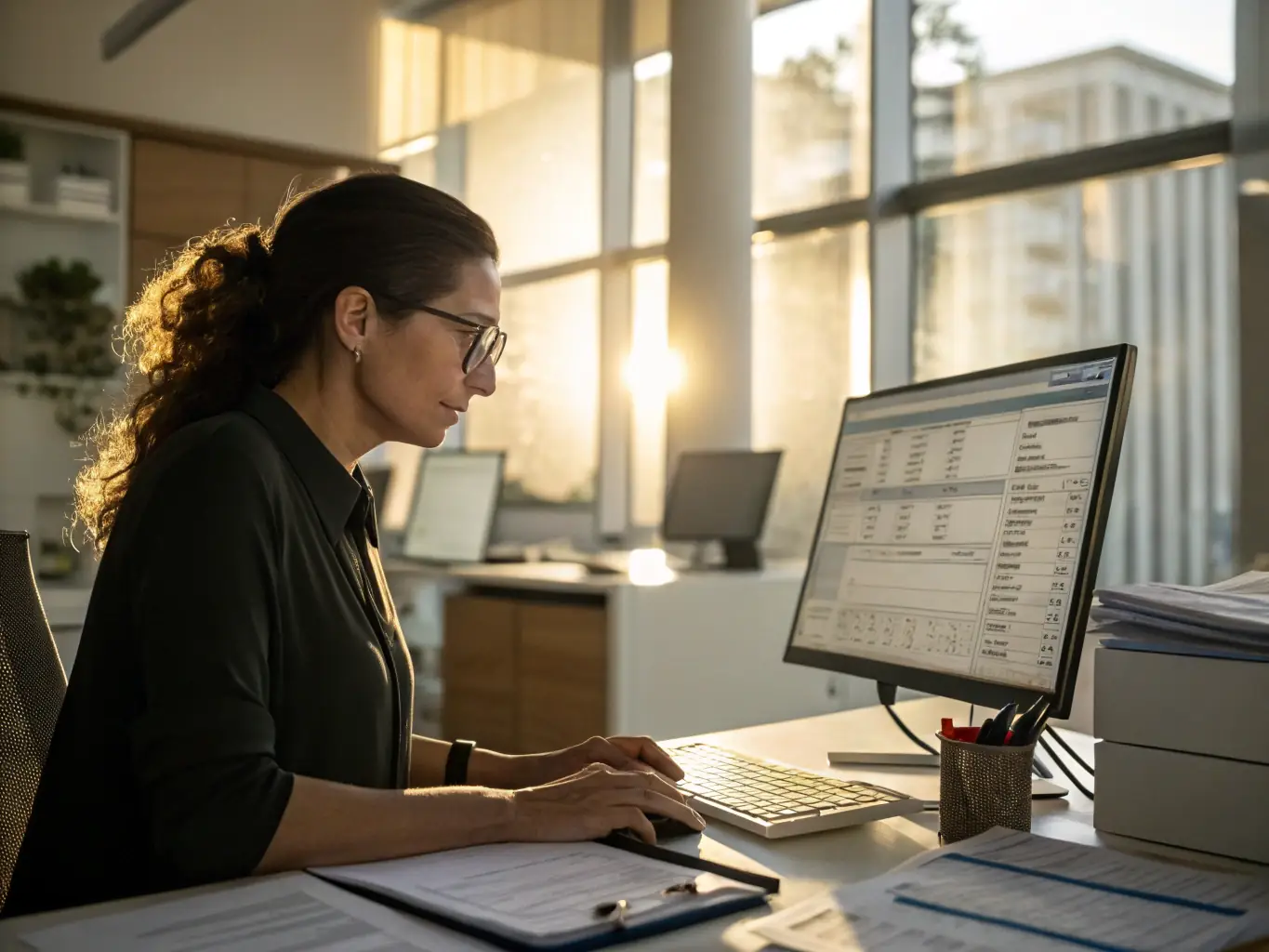 An image of a payroll specialist reviewing employee timesheets and payroll reports, in a busy office environment.