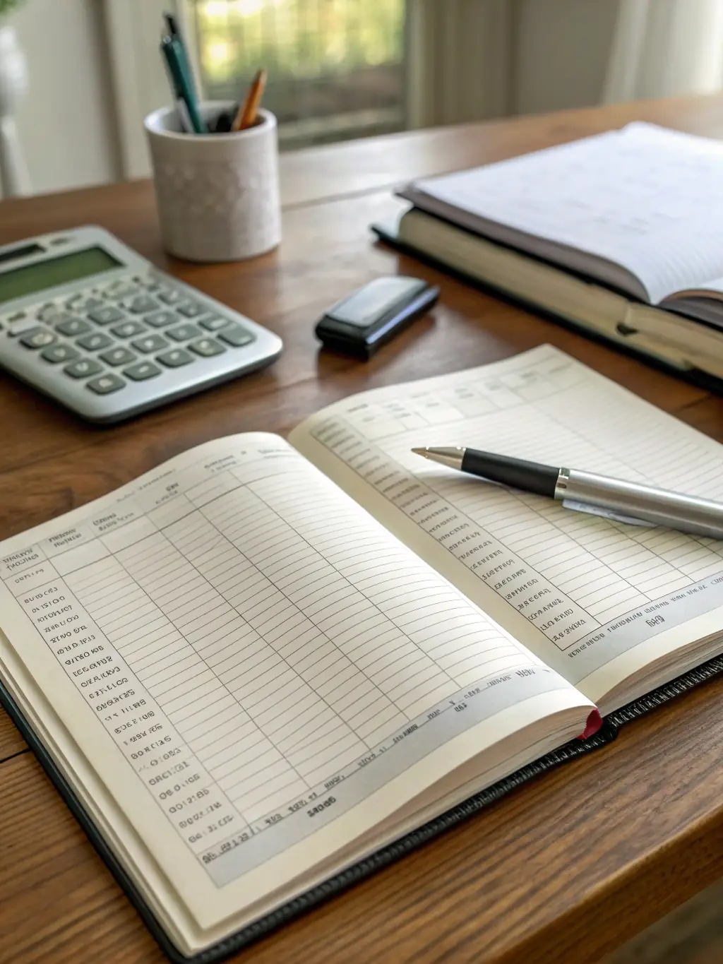 A close-up shot of a meticulously organized ledger, with a pen resting on top, symbolizing accurate monthly accounts management for Shoebox Bookkeeping clients.