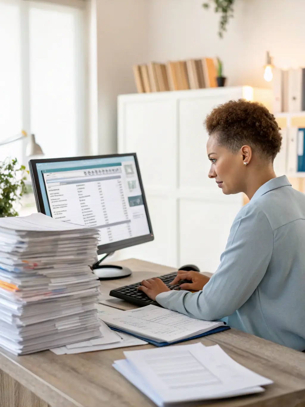 A professional managing payroll on a computer, showcasing Shoebox Bookkeeping's efficient and reliable payroll services.